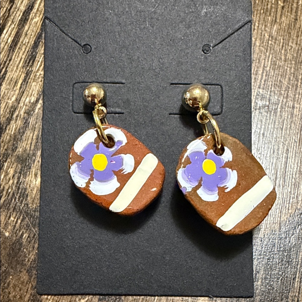MEXICANA Brown Clay Earrings with Purple Flower Accent